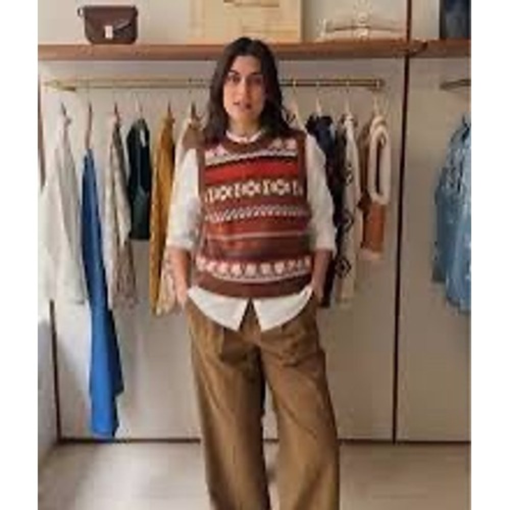 Sezane x Lucia Vergara Becky Jumper Brown Fair Isle Knit Sweater Vest Small